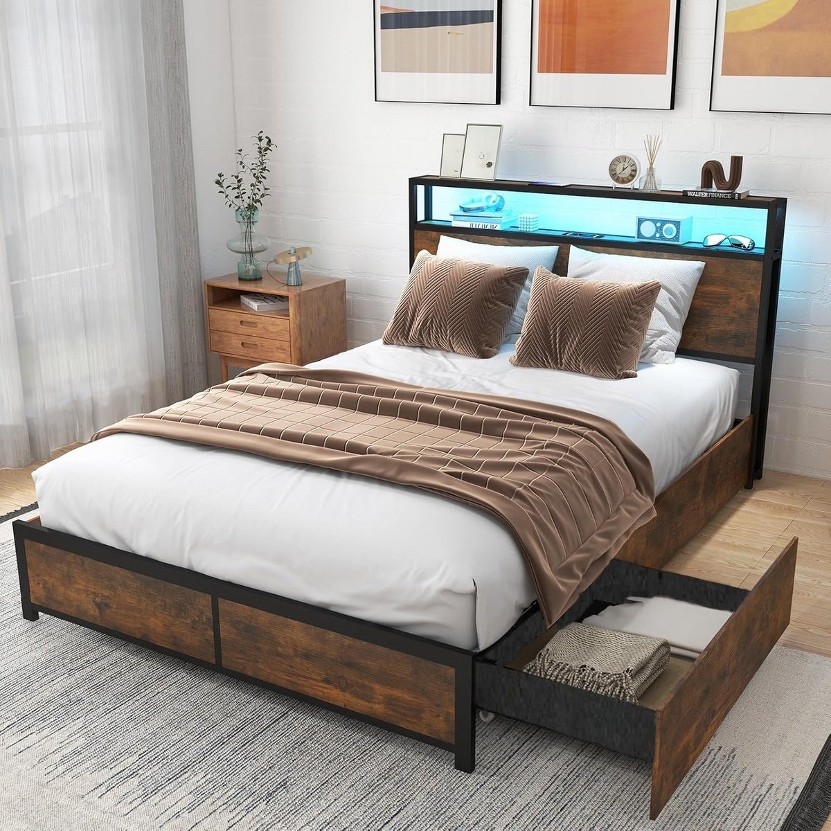 Bedframe met Opbergruimte - Tweepersoonsbed Frame - Slaapkamer Organisatie - Geïntegreerde USB Laadpoorten - 140 x 200 cm
