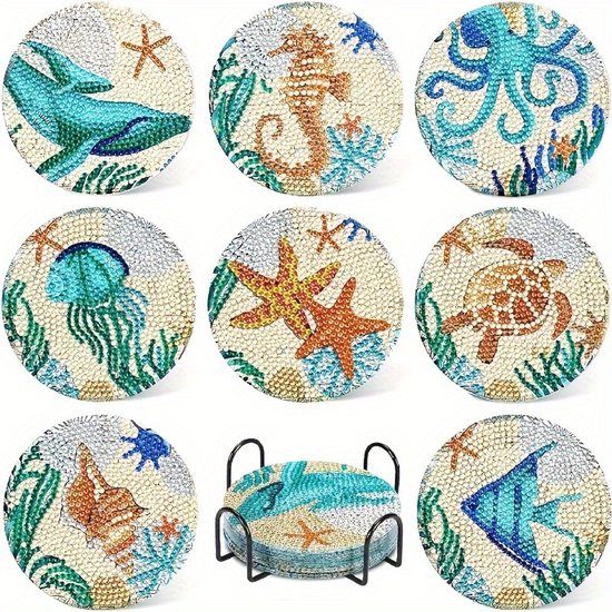 VDTOYS® DIAMOND PAINTING pour adultes - Sous-verres - Sous-verres - Sous-couches - Pierres rondes - 8 pièces - Package Hobby complet - set H chiens