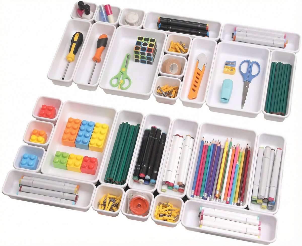 JustValue Lade Organizer Set - 44-Delig - Opbergbakjes - Lade Bakjes - Make Up Organizer - Antislip en Stapelbaar - Kunststof Lade Verdelers - Keuken - Bureau - Badkamer - Wit
