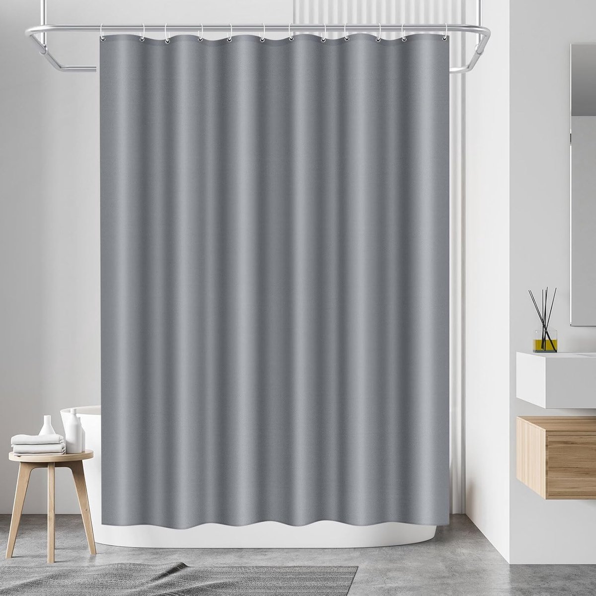 Famanu – Badgordijn polyester waterdicht – schimmelwerend, wasbaar + 8 haken (lichtgrijs)
