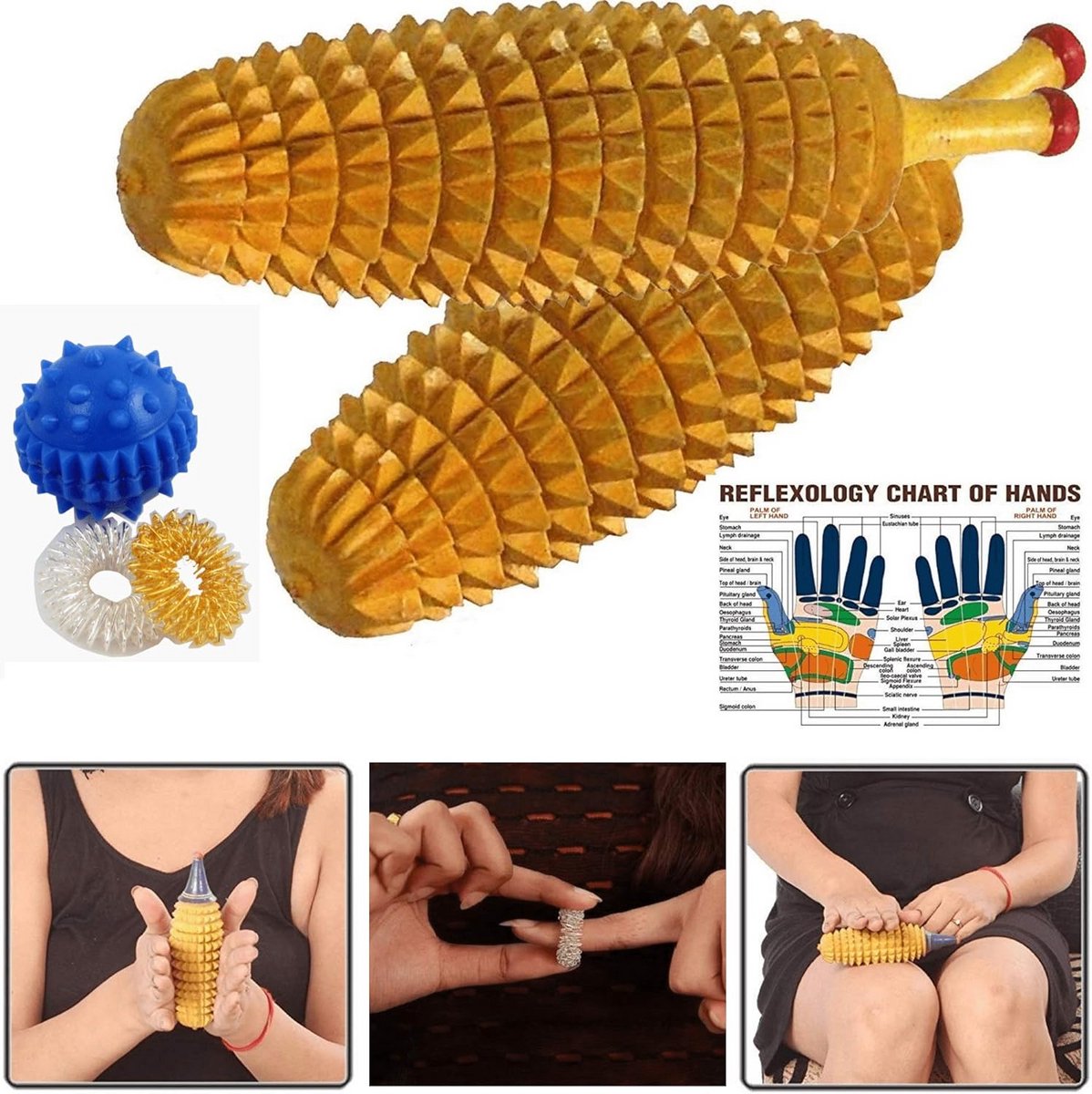 Set van 2 Houten Handdrukmassage Ballen en Ringen voor Acupressuur en Reflexologie