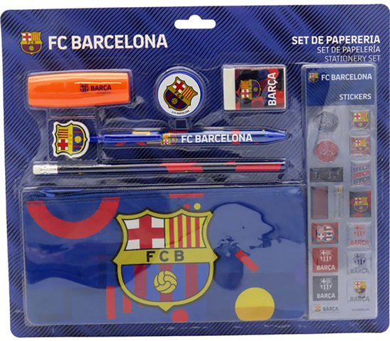 FC Barcelona schrijfwarenset met blauwe etui, potlood, pen, gum, puntenslijper, markeerstift en stickers.