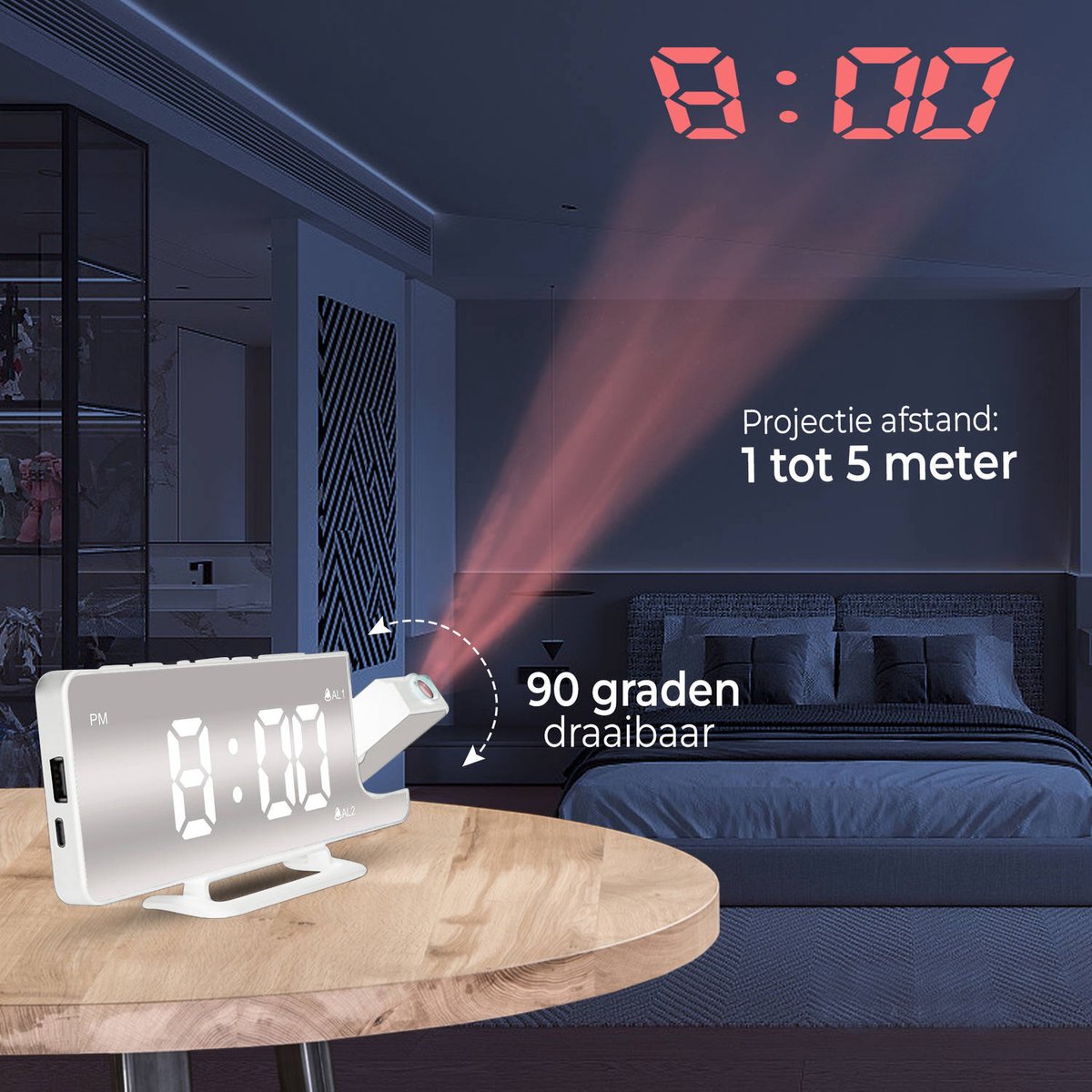 Luxime® - Digitale Wekker Met Projectie - Slaapkamer - Projectieklok Plafond - Projectiewekker - Wit — cadeau in Wonen & Interieur - foto 7