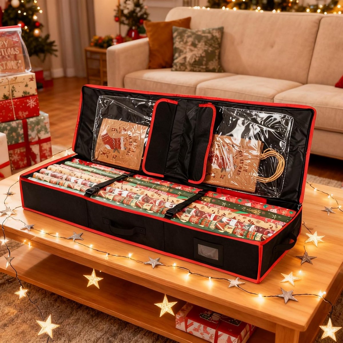 Grote zwarte organizer voor het opbergen van cadeaupapierrollen en linten