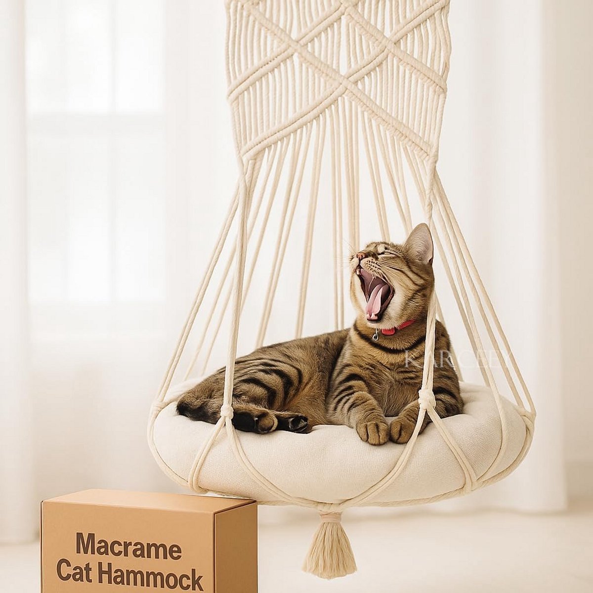 Luxe Macramé Hangmat voor Katten met Kattenkruid Kussen en Ophangset - Hangend Rustbed