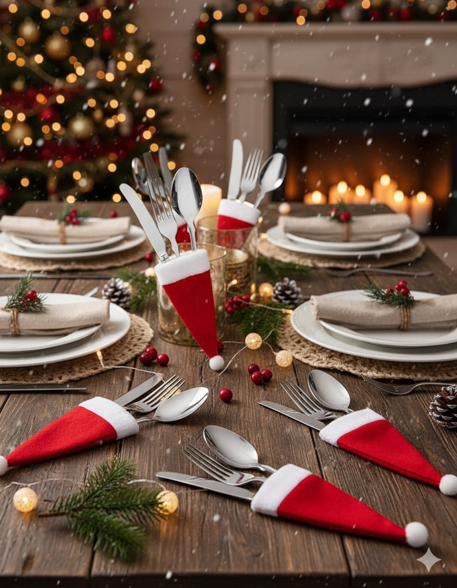 STAR&STER Kerst tafeldecoratie set - 16-delige kerstmuts bestekhoezen & flesafdekkingen