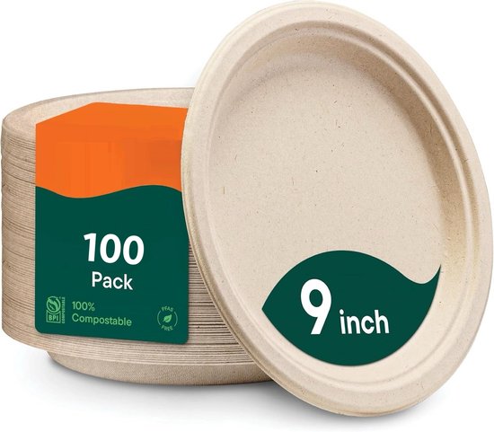 LDFDRT Papieren borden, 100 stuks, wegwerpservies, suikerriet LDFDRT Papieren borden, 100 stuks, wegwerpservies, suikerriet