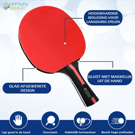 Rood tafeltennisbatje met tekst: Glad afgewerkte design, ligt goed in de hand.