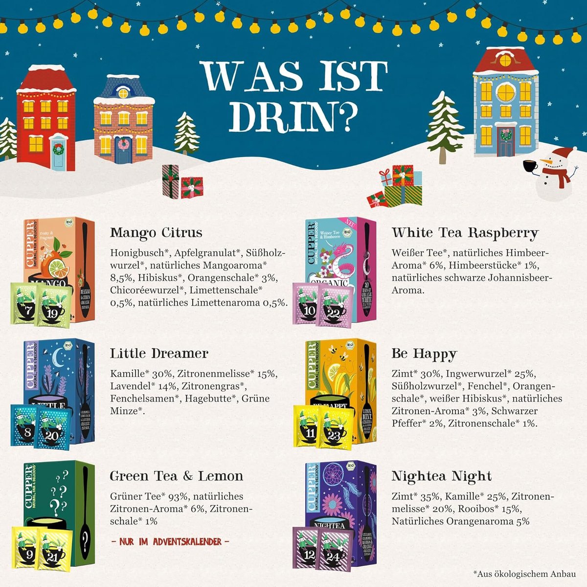 Biologische Thee Adventskalender 2025 – 24 Theezakjes – 2 x 12 Varianten met Twee Exclusieve Smaken – Kerstcadeau Zonder Chocolade – Perfect voor Theeliefhebbers – foto 2