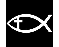 Ichtus vis met kruis sticker - 14x6cm - wit - topkwaliteit avery autoreclame folie