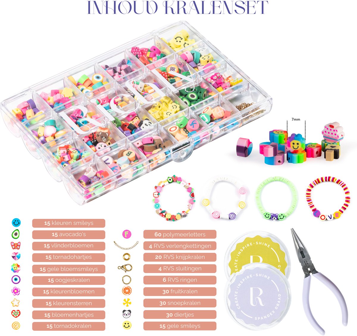 Richly® Kralen set Happy - Armbandjes maken meisjes - gratis E-BOOK - Complete set - Gouden RVS-accessoires - Sieraden Maken meisjes - Luxe verpakking - Knutselen Meisjes - Met 17 soorten polymeerkralen - Kralenketting - Bedels - Knutselen meisjes — afbeelding 6