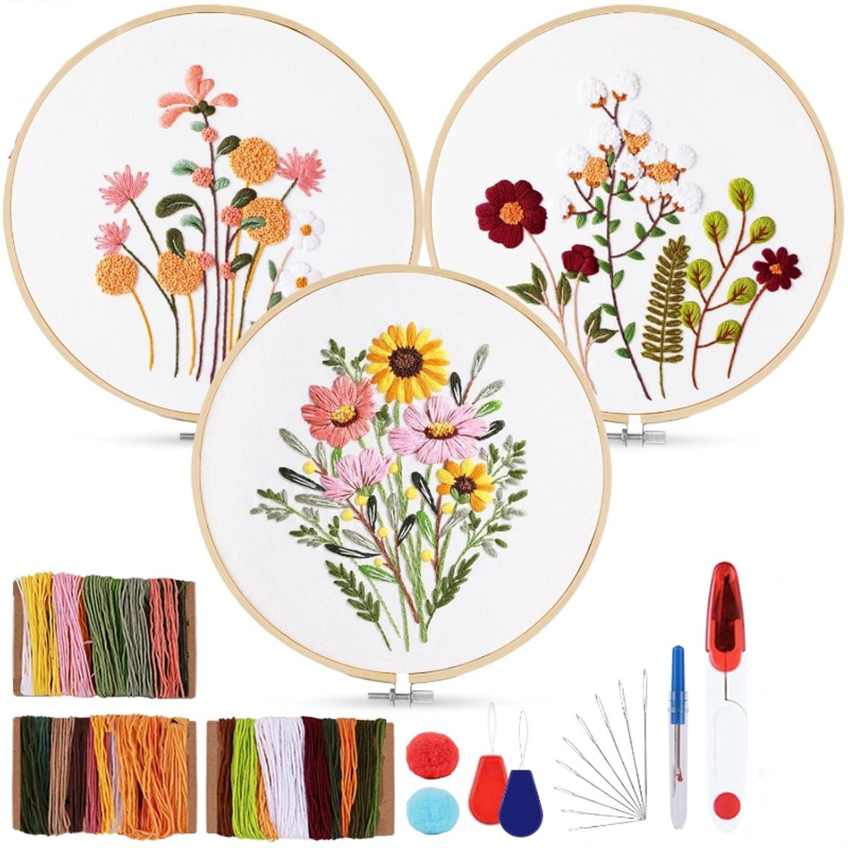 Ynkkvre - Borduurpakket - Borduurset voor Beginners - Kruissteek Kit - DIY Handwerk Set - 26 Delige Set - 3 Bloempatronen - Bamboe Ringen - Wateroplosbare Inkt