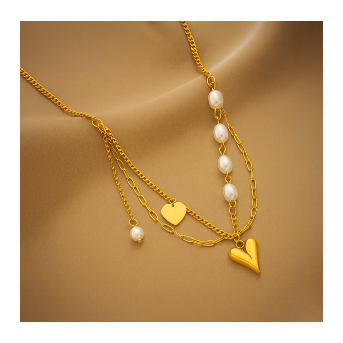 Goudenkleurige - Ketting - Parels & Hartjes - Roestvrij Staal - Verstelbaar - 39 + 5 cm - Dames