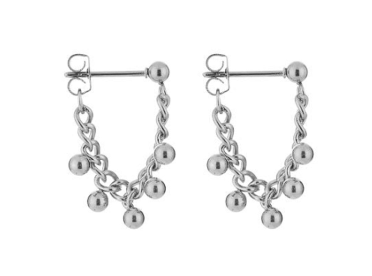Luxe oorbellen ketting met balletjes - zilver - oorstekers - earrings - chain - stoer - stainless steel - nikkelfree- waterproof - kado idee - cadeau moeder