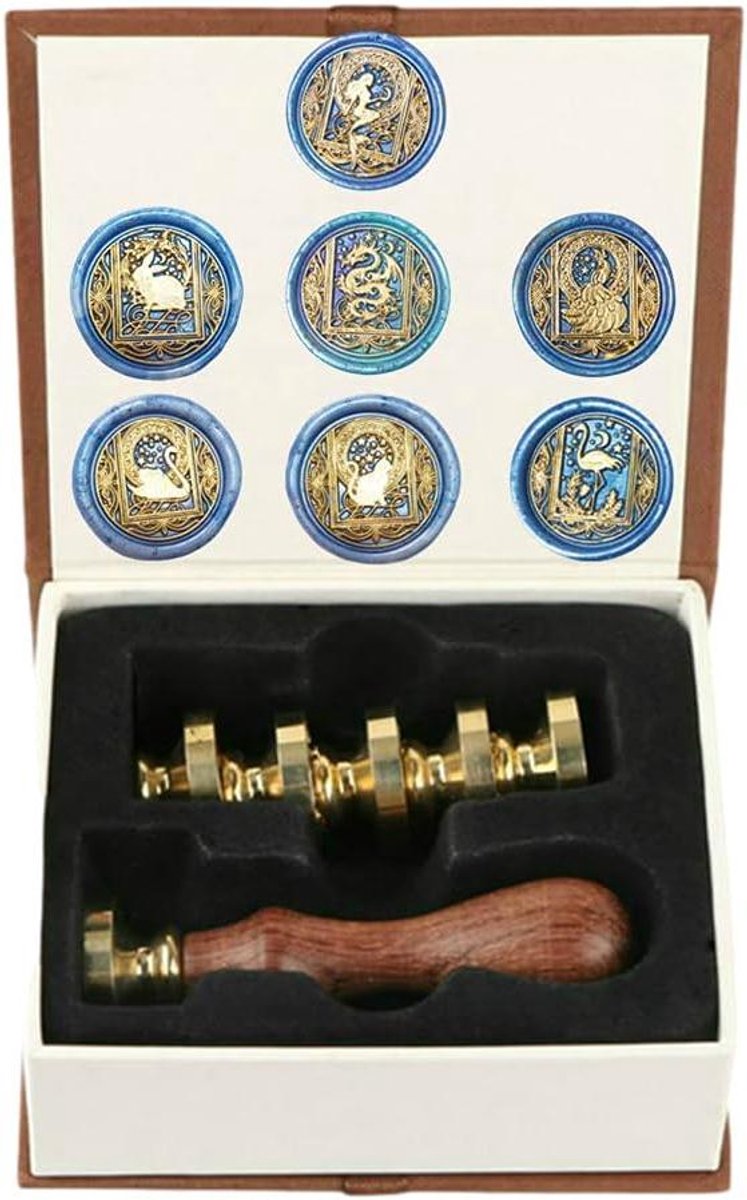 CSGoods - Wax Seal Stempel Kit met Verwijderbare Messing Hoofden en Houten Handvat - Retro Vintage Zeemeermin Pauw Draak Konijn Flamingo Kat Zwaan Zegellak