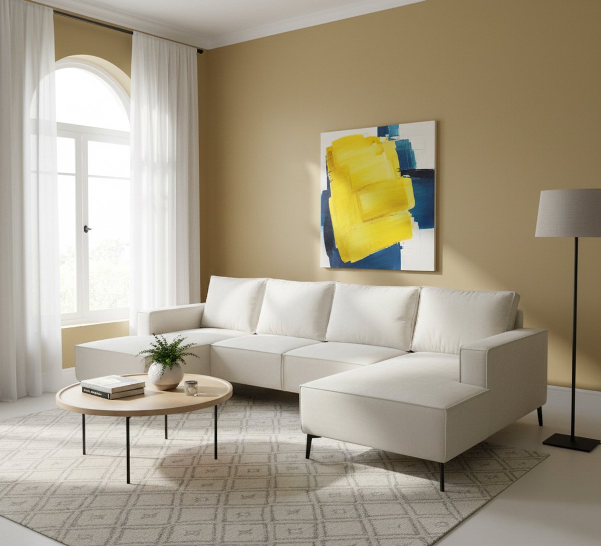 Hoekbank Kaelo Luxe Rechts Beige – Comfortabele Moderne Stoffen Bank 265×210×84 cm – Altameubel