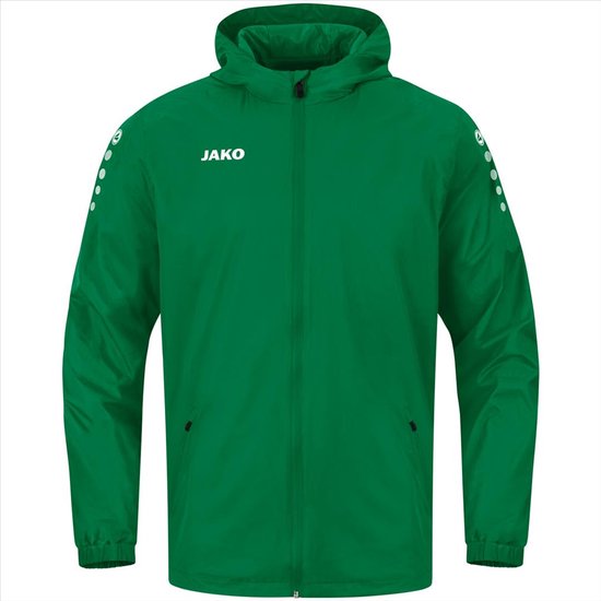 Groene Jako regenjas met capuchon en witte stippen op de mouwen.