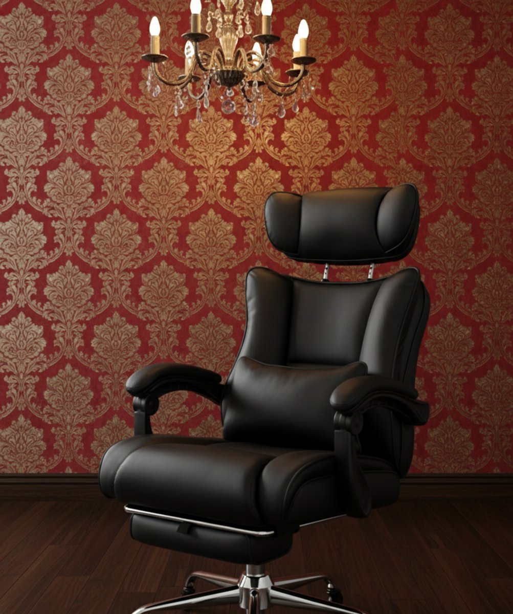 Ergonomische Bureaustoel 200 kg – XXL Executive Office Chair – 60 cm Brede Zitting – 9 cm Verstelbare Hoofdsteun – Verstelbare Lendensteun – 90°-120° Kantelbare Rugleuning – PU Leer – Rustige Rubber Wielen – Voetsteun – EN12520 – Zwart –