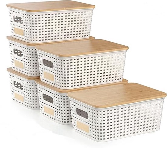 Opbergbox BOTC avec couvercle en bois - Boîte de rangement - Panier de rangement - Lot de 6 - Petits Paniers de rangement de 5 L - Organisateur de bureau - Plastique - Wit