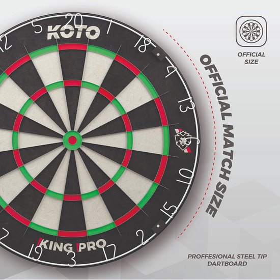 KOTO - King Classic Academy Set (Officiële Afmetingen & Scherpe bedrading) Dartbord Met Staple-Free Bulls-Eye, Incl. 2 Sets KOTO Darts & Surround, Messing Dart Shafts