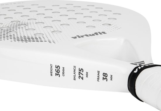 Witte padelracket van VirtuFit met specificaties: 365 gram, 275 mm balans, 38 mm frame.