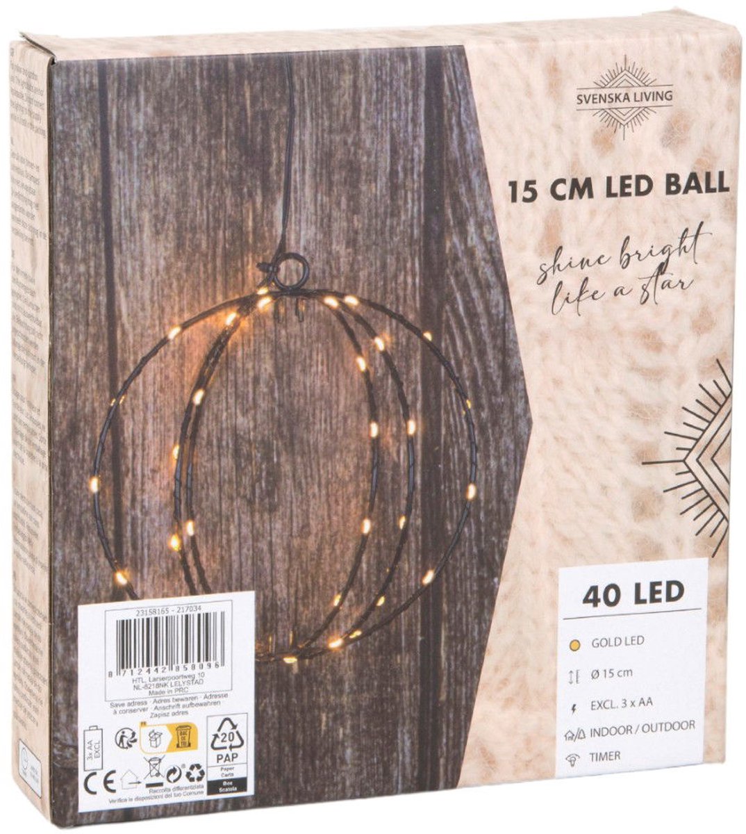 Hit - Bol zwart 15 cm 40goudLED 2xAA timer 6/18u