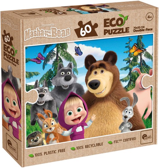 Boîte d'un puzzle double face de 60 pièces avec Masha et Michka et leurs amis.