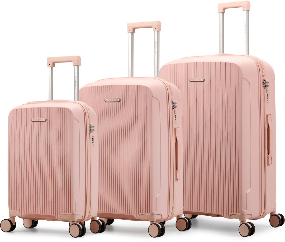 Kofferset 3-Delig – PP Hardcase – 20/24/28 inch – Lichtgewicht & Krasbestendig – 360° Wielen – TSA Slot – Roze – Royal Swiss®