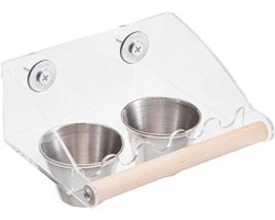 Voederbak voor vogels in kooivorm met zitstok, morsvrij ontwerp, hangende voederbakken voor kleine en middelgrote vogels, eenvoudig schoon te maken metalen zaadcontainer met veilige haken voor het voeren in binnenkooien, twee kleine kommen