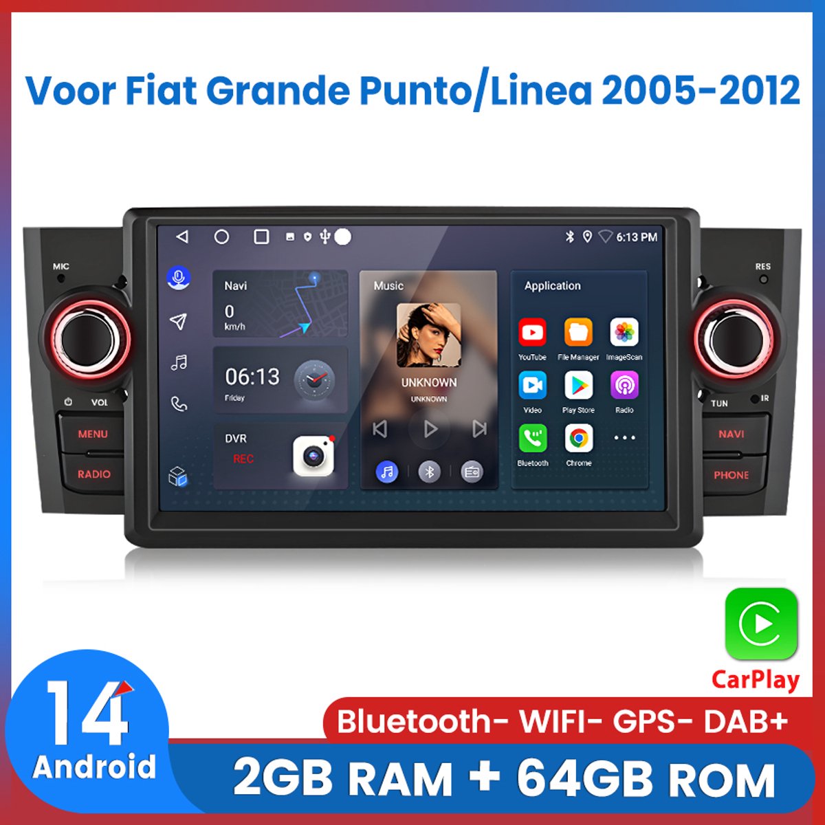 Awesafe Autoradio - Geschikt Voor Fiat Grande Punto/Linea 2005 t/m 2012 - Draadloos Apple CarPlay & Android Auto - Ram 2GB + Rom 64GB - GPS Navigatie Bluetooth WIFI - 7 inch IPS Scherm - 2005 2006 2007 2008 2009 2010 2011 2012