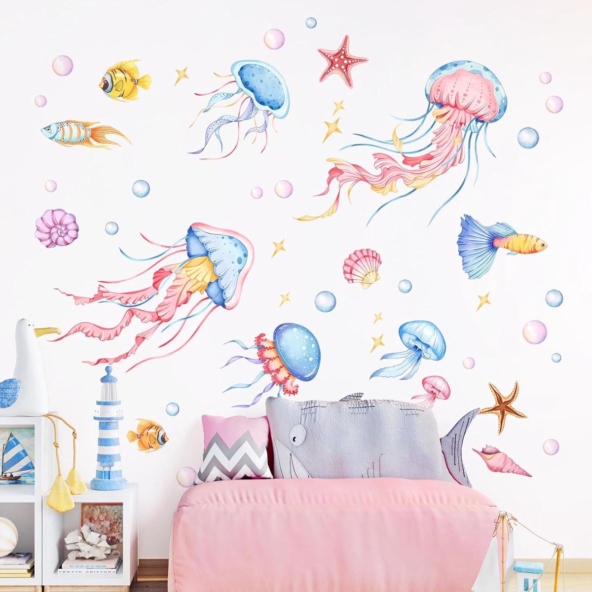 CSGoods - Aquarel kwallen muurtattoo zeewereld leven voor kinderkamer - Meisjes Jongens Babykamer Wanddecoratie