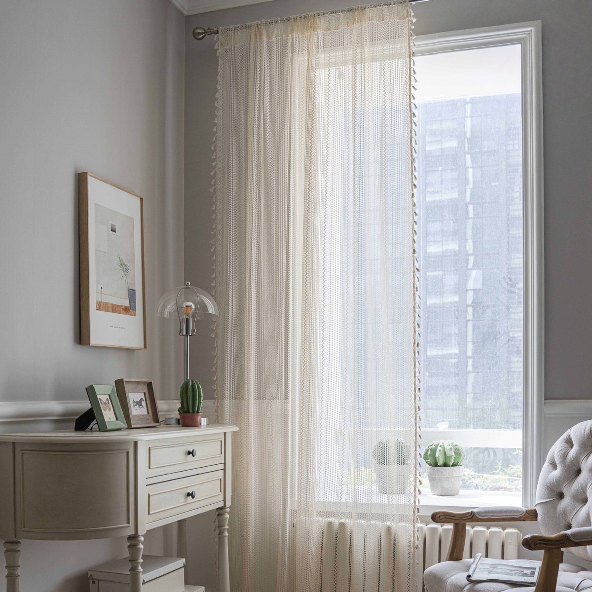 Boho-gordijnen voor de woonkamer Kanten gordijnen Stangzak Vintage kwastjes Decoratieve geometrische golven Gestreepte lichtfilterende gehaakte semi-transparante gordijnen voor de slaapkamer, beige,roedezakken,140x270cm