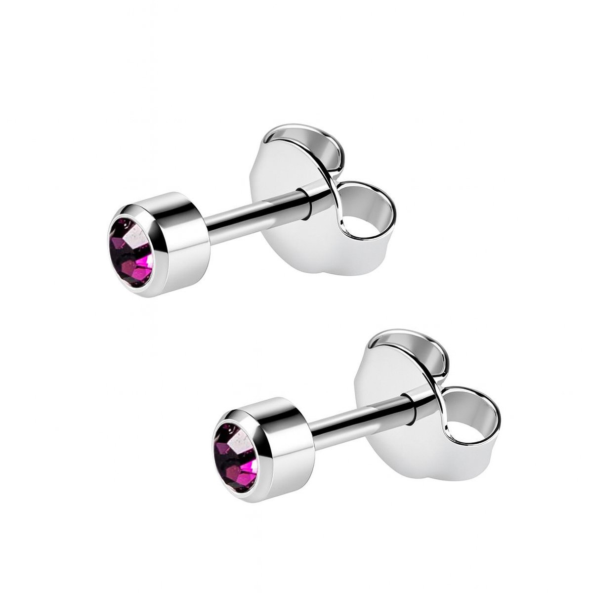 Caflon zweerknopjes met paars steentje - zilverkleurig - geboortesteen februari Amethyst - staal - oorknopjes voor oorschieter - hypoallergeen - steriel verpakt - 4mm