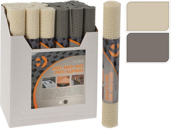 Doos met opgerolde beige en grijze antislipmatten. Eén opgerolde mat van elke kleur is ernaast geplaatst.