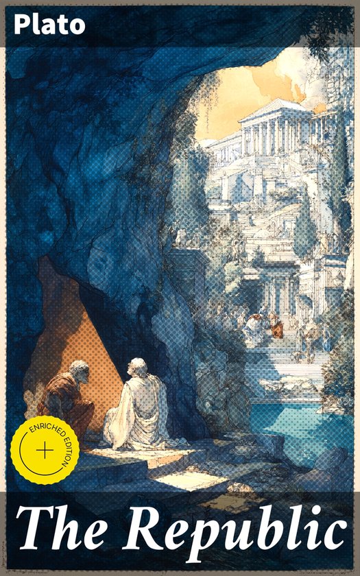 Boekomslag 'The Republic' van Plato met een illustratie van twee mannen in een grot bij een klassieke stad.