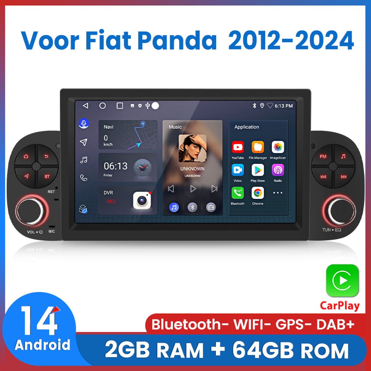 Awesafe Autoradio - Geschikt Voor Fiat Panda 2012 t/m 2024 - 7 inch IPS Scherm - Draadloos Apple CarPlay & Android Auto - Ram 2GB + Rom 64GB - GPS Navigatie Bluetooth WIFI - Radio Scherm - Navigatiesysteem Auto