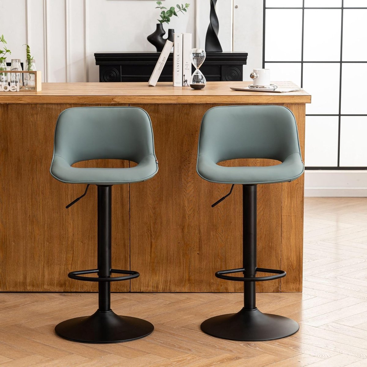 Barkruk set van 2 verstelbaar 44x49x80 cm – Draaibare barstoelen met holle rugleuning, ergonomisch kunstleer, 360° draaistoel voor keuken & bar – Olijfgroen – Altameubel