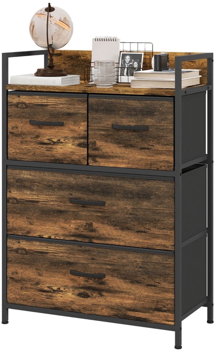 Merax Ladekast met 4 Stoffen Lades – Industrieel Dressoir – Opbergkast 60×29×85 cm – Staal & Houtlook – Bruin/Zwart