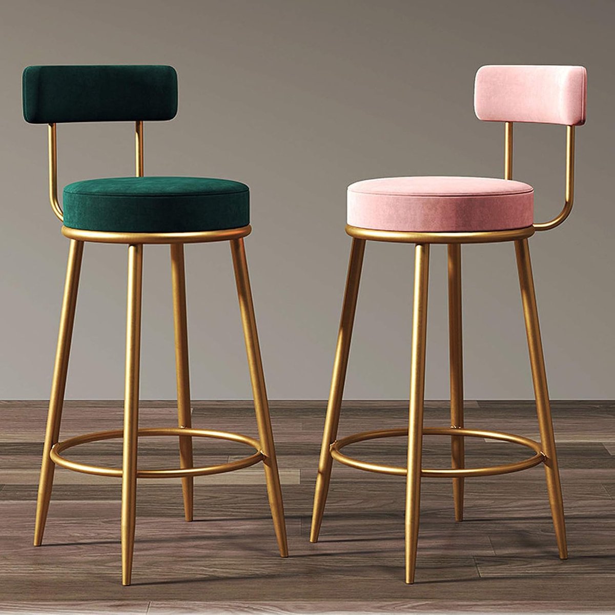 Luxe Velvet Barkruk met Rugleuning - Ontbijtbarkruk voor Keuken Eiland & Bar - Comfortabele Grijze Barstoel 65/75 cm - Stabiele Metalen Poten - Antislip & Duurzaam - Ergonomische Hoge Kruk voor Eetkamer, Bar & Balie