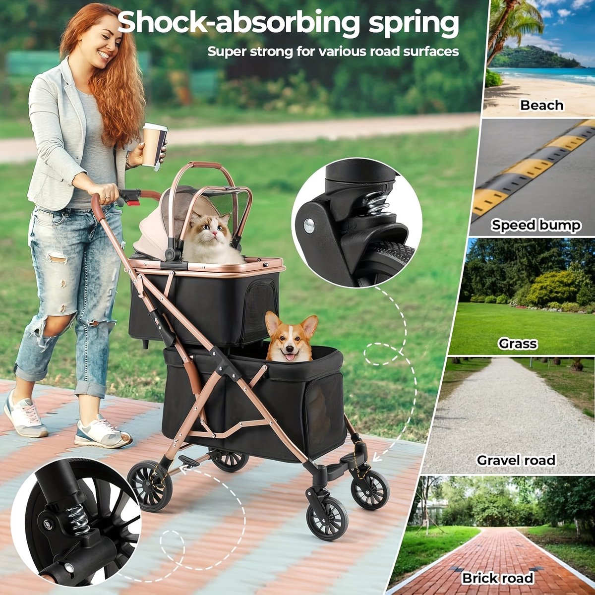 Hondenbuggy inklapbare- Dubbele hondenbuggy- 1 knop inzinking-360° draaibare wielen-voetrem- 25KG capaciteit-ademende mesh ramen-( goud + zwart).