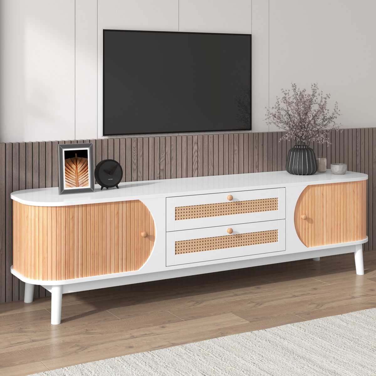 OKWISH TV Meubel - TV-Kast met Rattandetails en Schuifdeuren - Stijlvol Opbergmeubel voor 