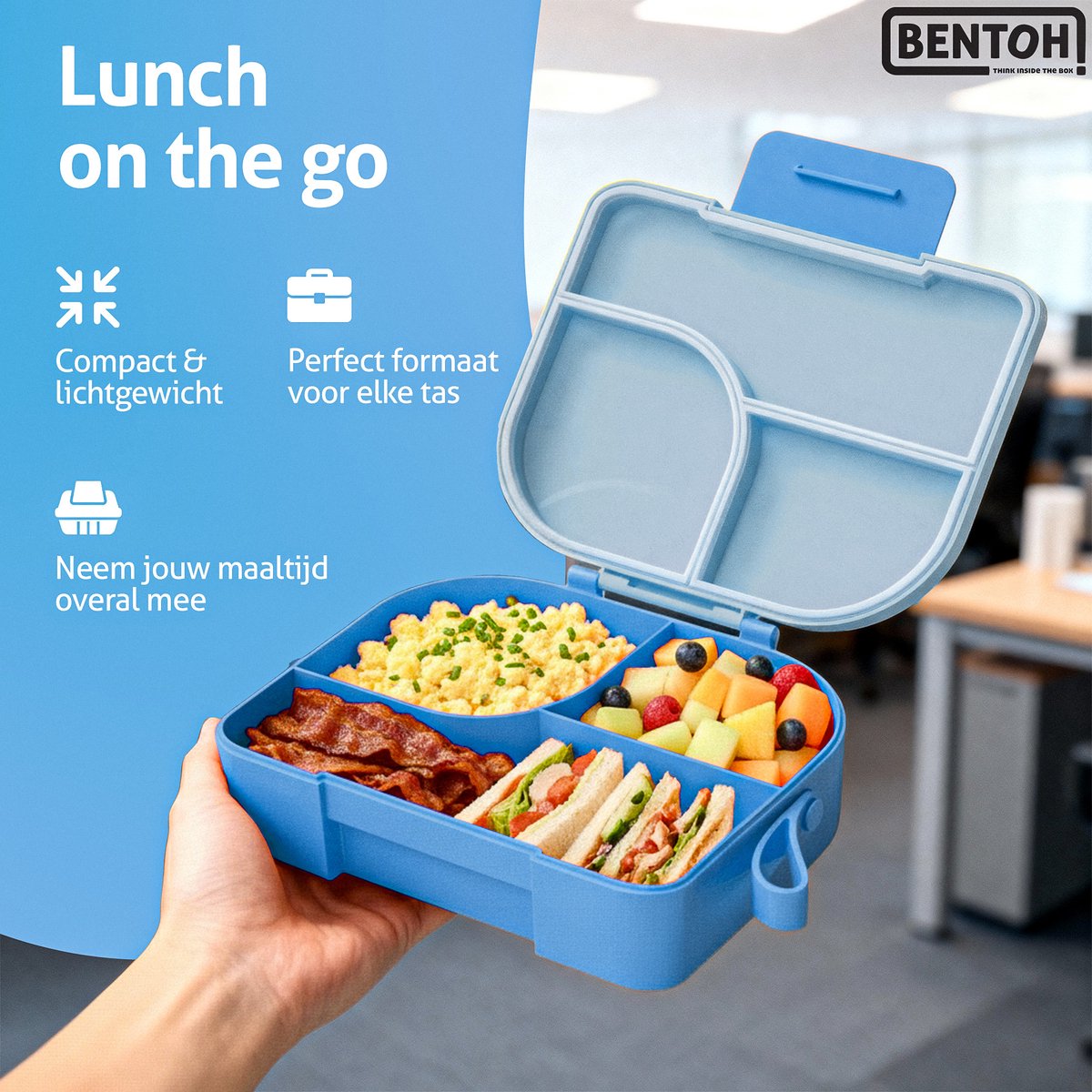 BentOH! Bento Box Kinderen & Volwassenen - Blauw – Lekvrije Lunchbox met Vakverdeling – Magnetron- & Vaatwasserbestendig – Inclusief lepelset — afbeelding 5