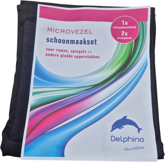 Emballage de kit de nettoyage en microfibre Delphino. Torchons noirs avec imprimé coloré.