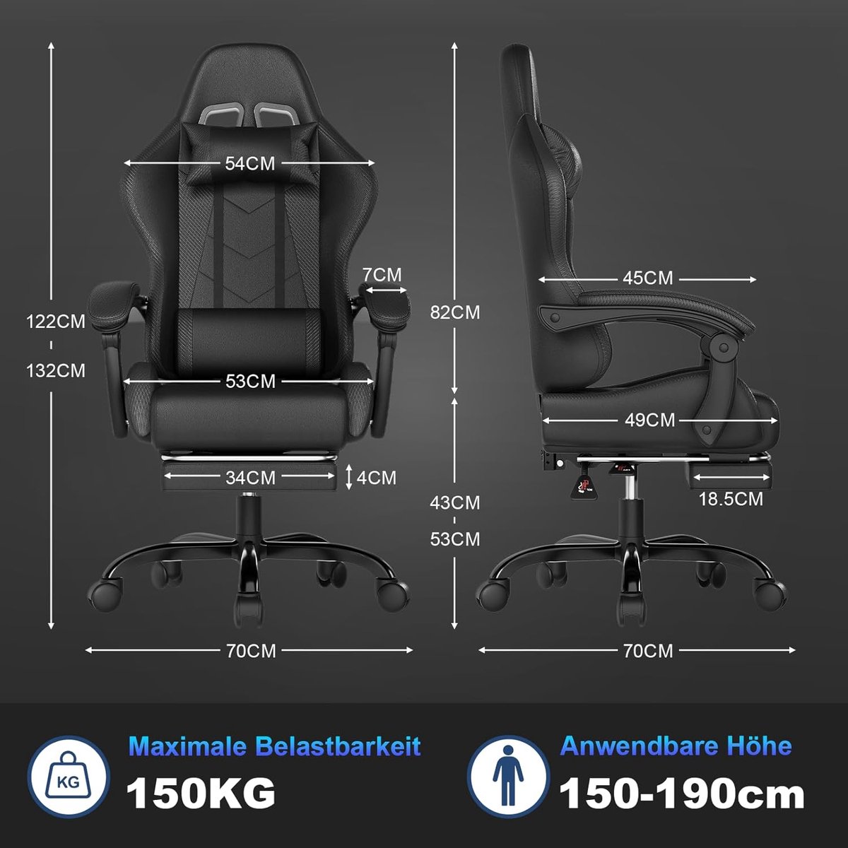 Ergonomische Gamingstoel met Massage – Verstelbare Rugleuning 90-135° en Uittrekbare Voetensteun – Massage Lendenkussen voor Thuiswerk & Gaming – Hoog Comfort, Zwart – 150 kg Draagvermogen , Altameubel