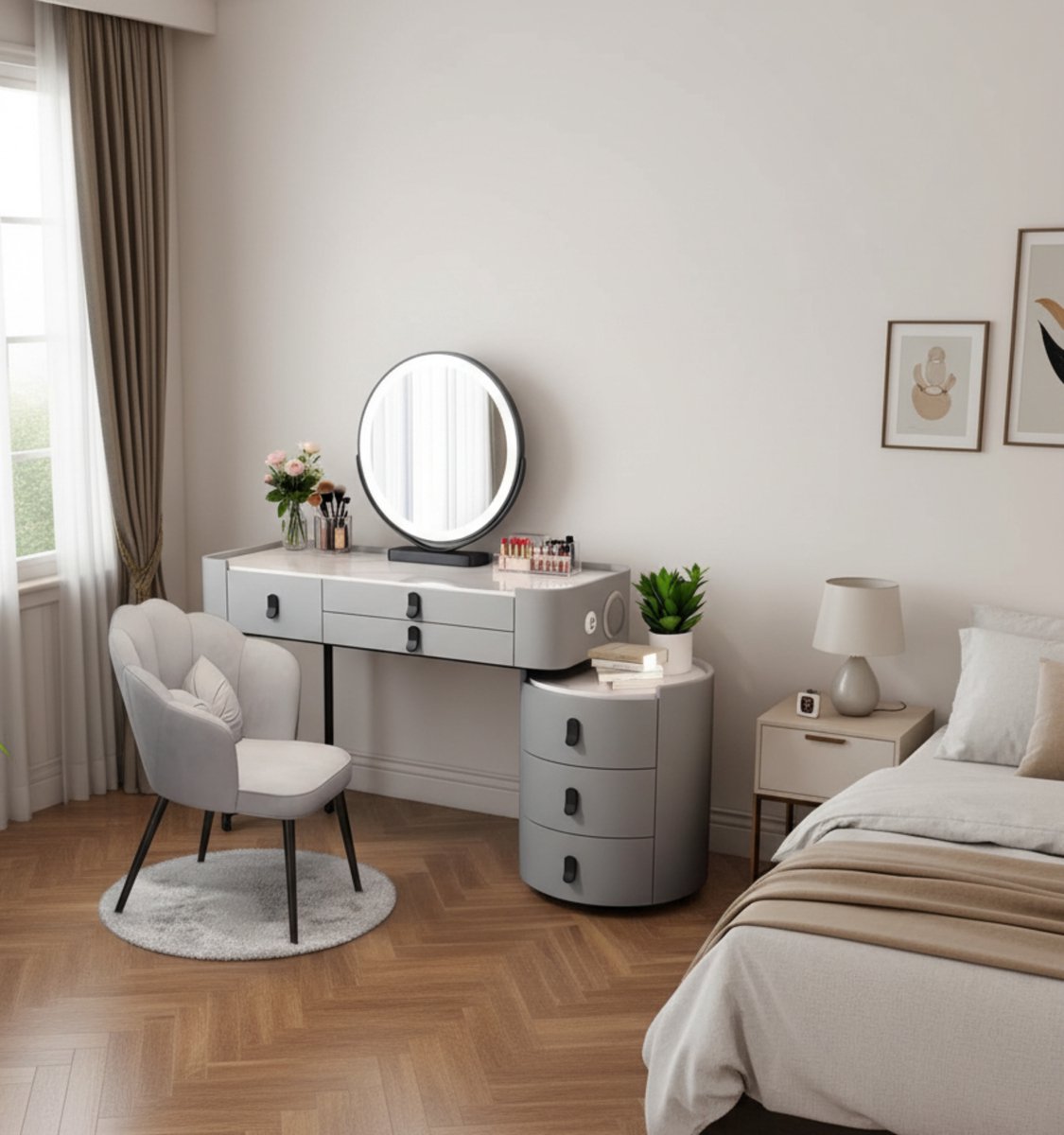 Smart Make-uptafel met LED-spiegel, kruk, laden en bluetooth-luidspreker, dimbaar licht, draadloos opladen, 100 x 40 x 76 cm, grijs/zwart – Altameubel