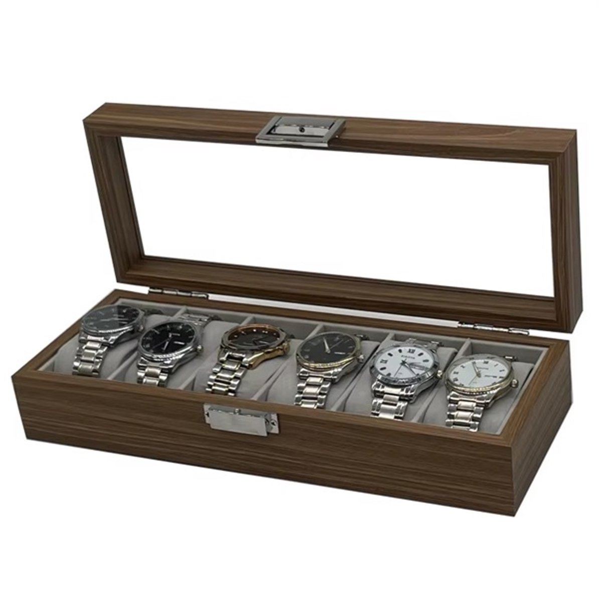 Horloge doos voor 6 stuks - luxe walnoot hout - opbergdoos - display - watch box - horloge koffer - horloge organiser - horloge kist - horloge etui - sieradendoos