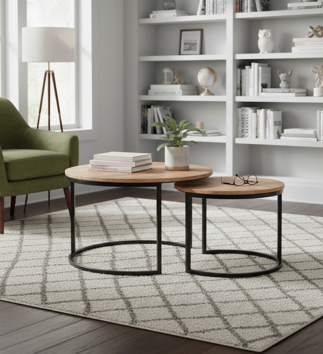 Rond Mangohouten Salontafel Duo – - 50x50x40 cm - Duo – Industrieel Design 70x70x45 - Medahomestore