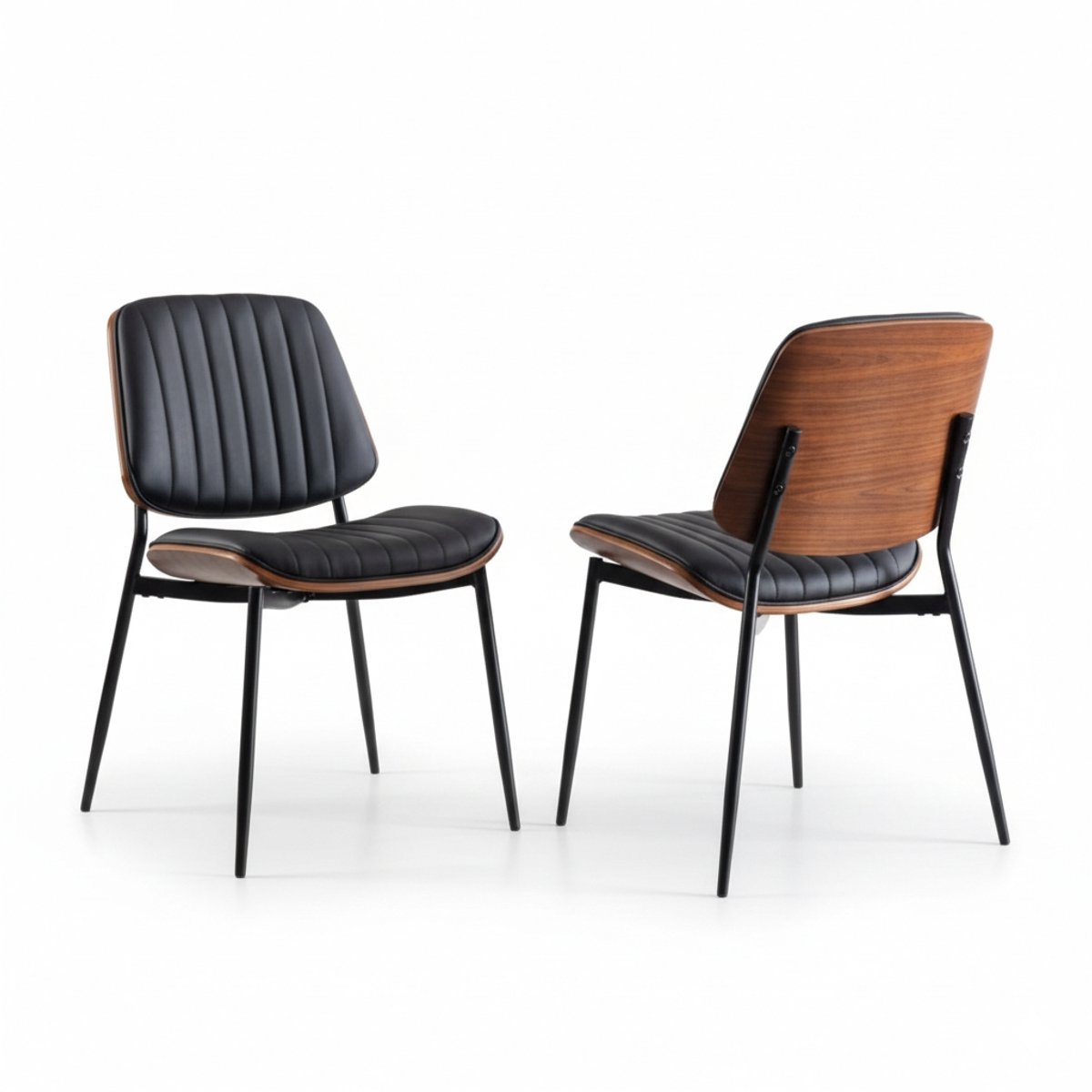 Clruro Set van 2 Eetkamerstoelen, Mid-Century Modern Stijl – Kunstleer Zitting, Walnoot Hout & Metalen Frame, Verstelbare Voetjes – Keuken- en Woonkamerstoelen (Zwart)