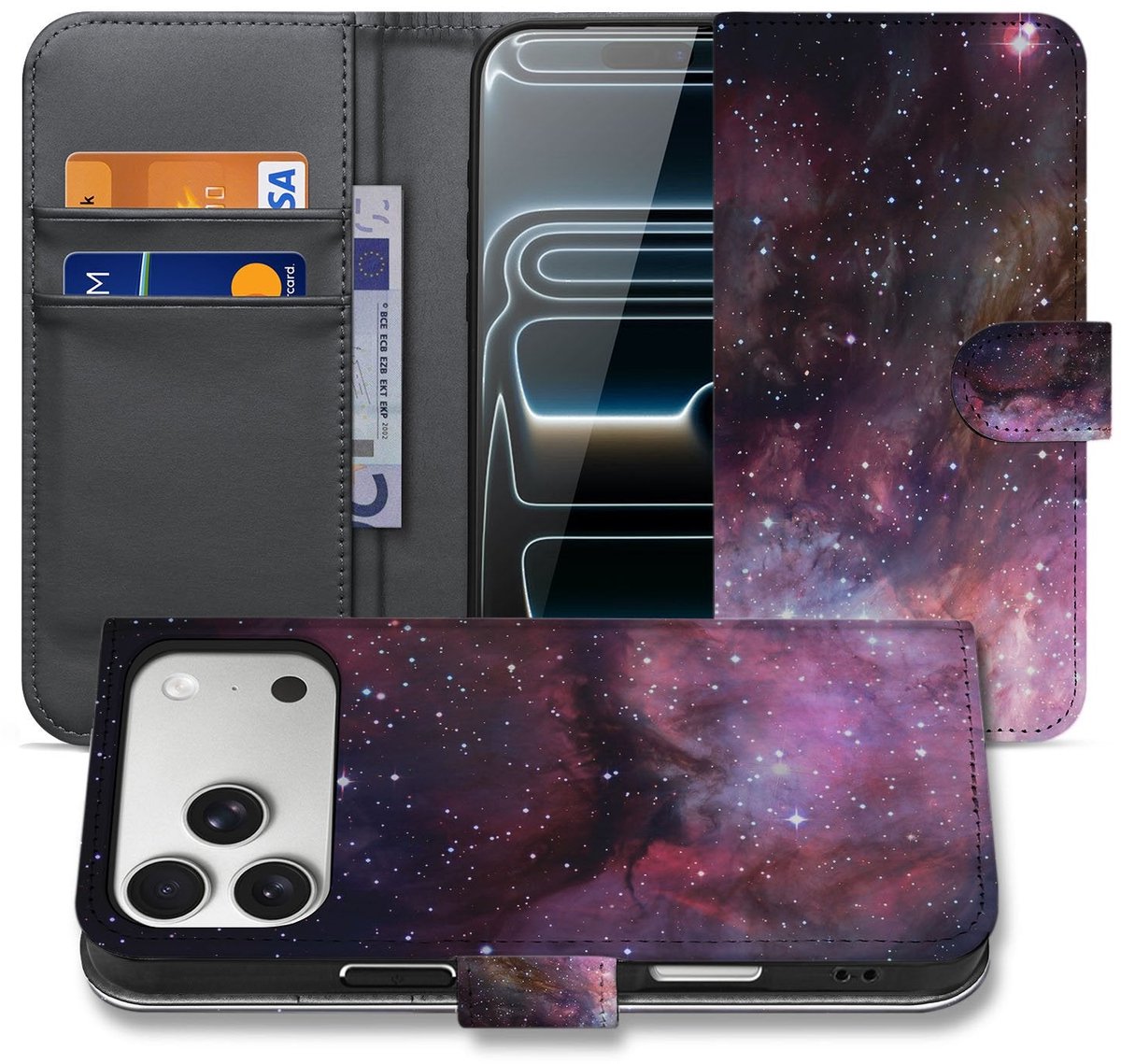 Book Case Hoes Apple iPhone 17 Pro Max Heelal Design PU Leer Grijs