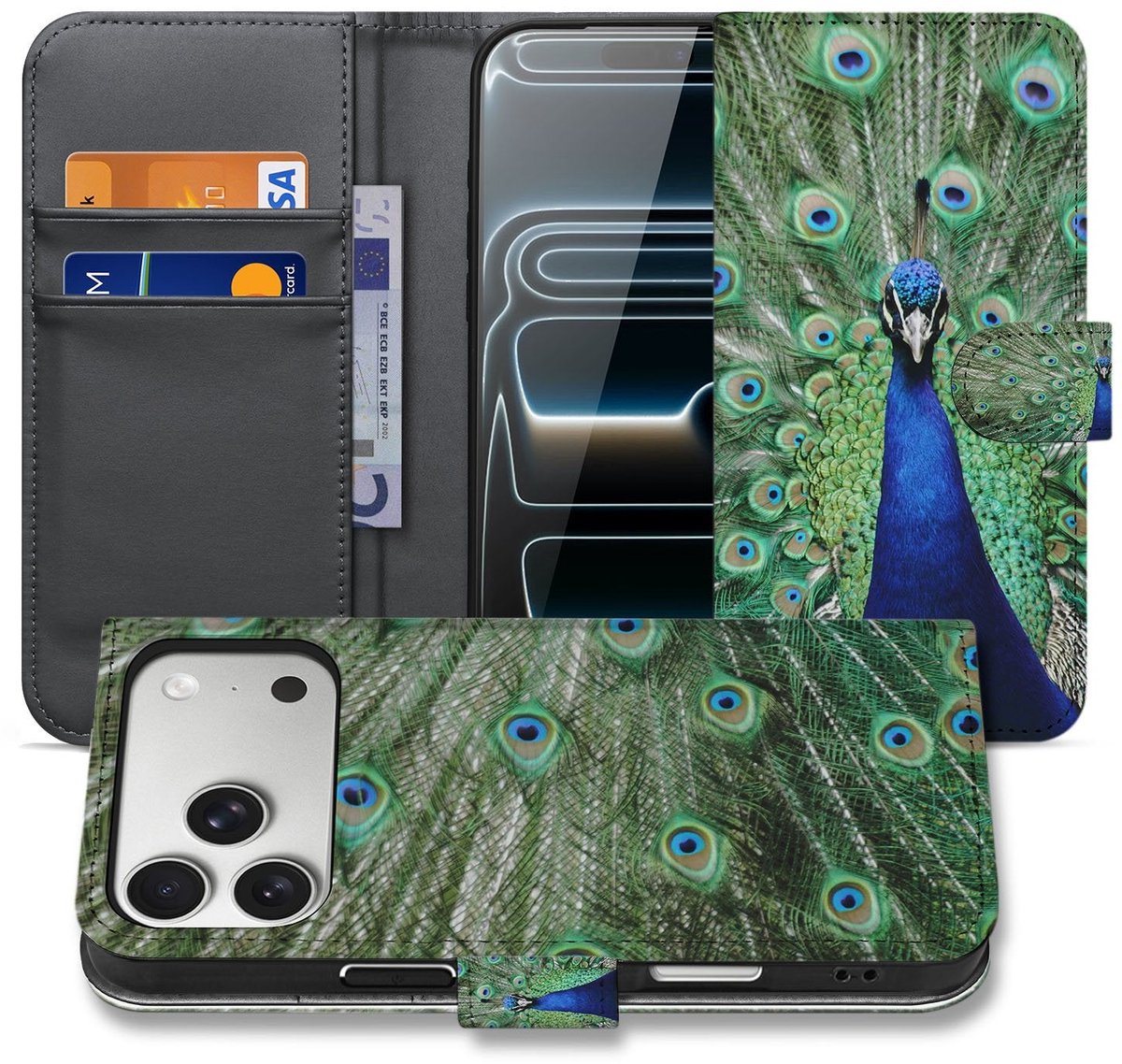 Apple iPhone 17 Pro Max Bookcase Hoesje Met Pauwprint En Pasjes